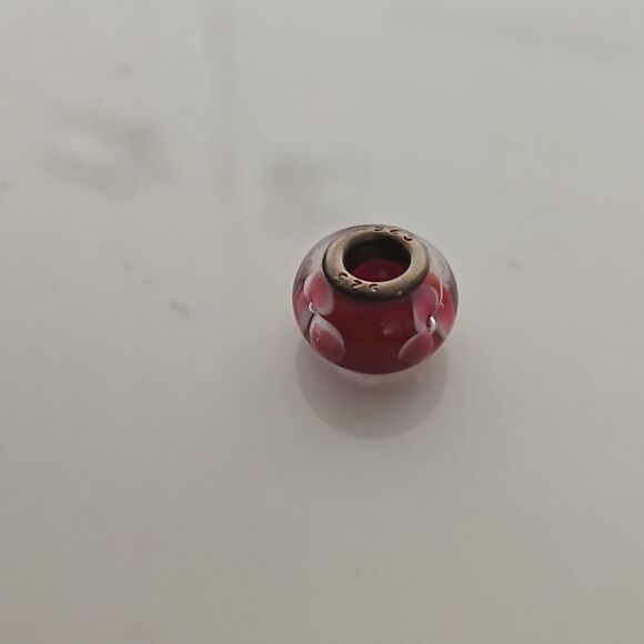 Murano Glass Flower Charm Stamped 925 Burgundy/ White - Picture 4 of 16